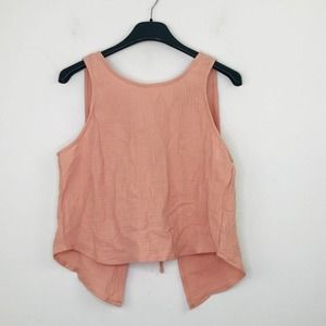 Ever After Women's Large Tank Top Pink Solid Puckered Backless Lace Up Crop CF26